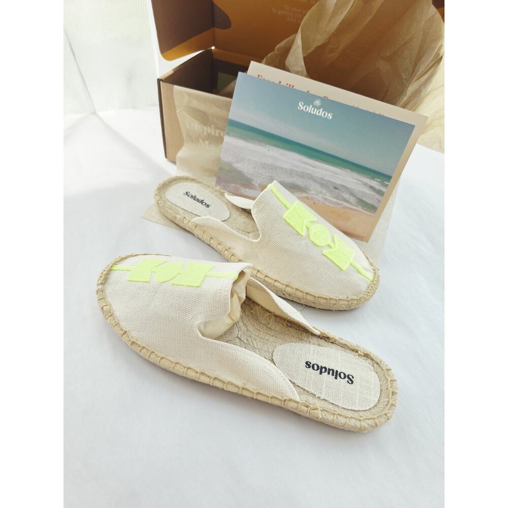 New! Soludos The Smoking Mule Espadrille Womens 7/7.5 Cream Neon Yellow Slip On - Picture 2 of 5